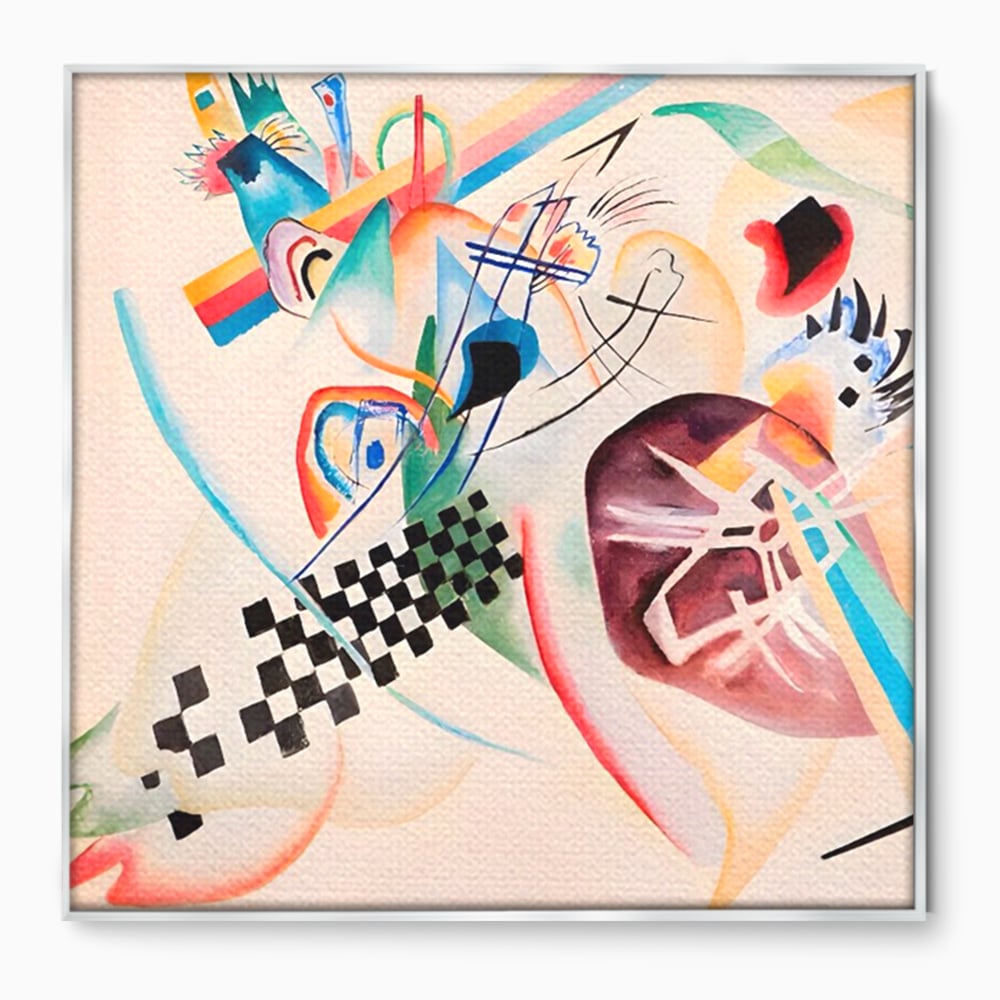 Tablou canvas cu pictura abstracta cu forme geometrice, in rama de aluminiu argintiu